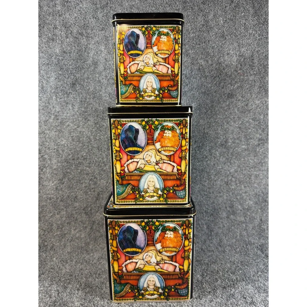 Vintage 1987 Enesco A Christmas Carol Stacking Nesting Tins Set of 3 Scrooge